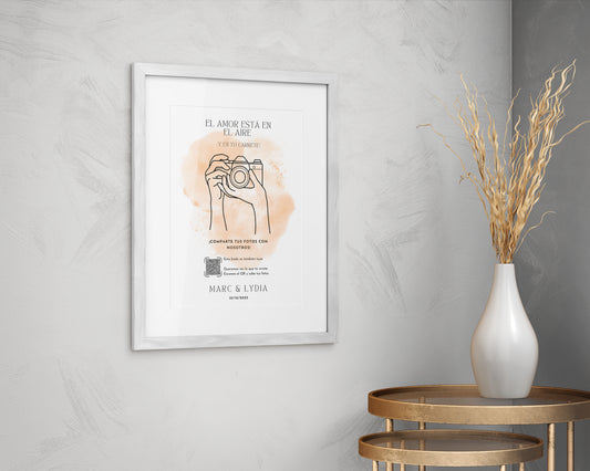 Cuadro decorativo para el banquete de bodas cartel comparte tus fotos con fondo acuarela beige