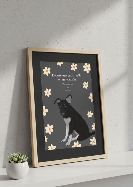 Lámina de homenaje para perro fallecido con ilustración de mascota rodeada de margaritas y marco de madera clara.