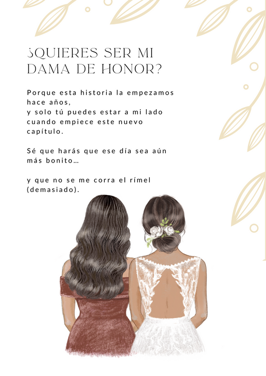 Lámina de pedida para damas de honor personalizada con ilustración de espaldas de amigas vestidas de boda.