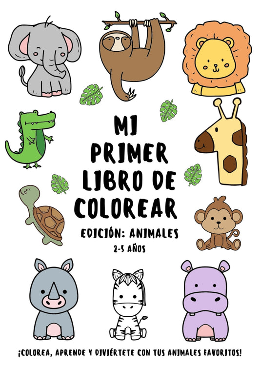 Portada del libro infantil para colorear con animales. Fondo claro, ilustraciones simples y el título “Mi primer libro para colorear: animales”.