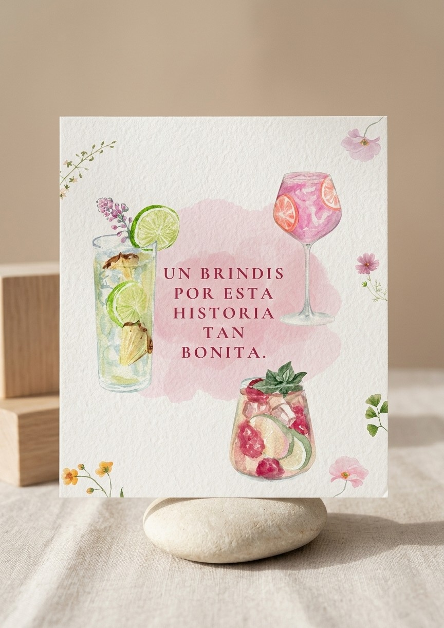 Cartel de bienvenida para boda personalizado con ilustraciones de copas y cócteles en acuarela de JR.Ilustracions.
