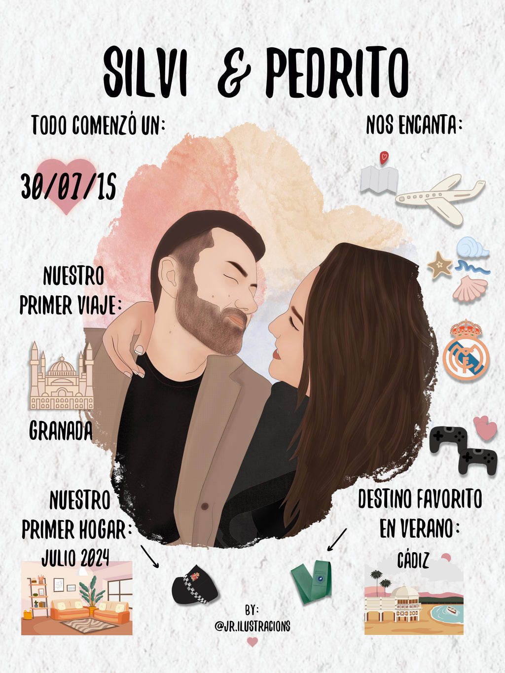 Lámina romántica personalizada con retratos ilustrados de perfil e historia biográfica.
