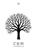 Árbol de huellas estilizado minimalista para firmas de invitados de boda con iniciales y fecha