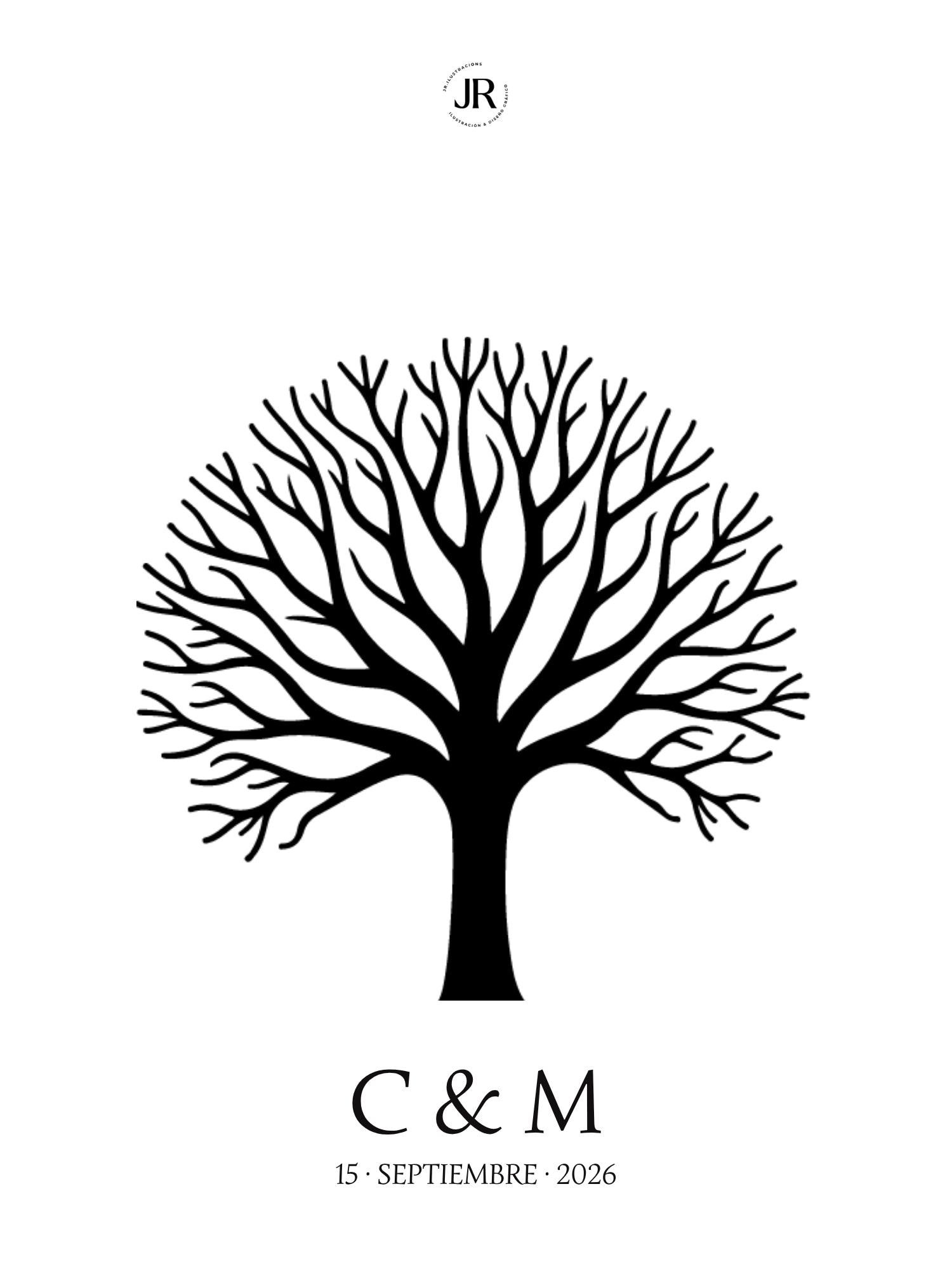 Árbol de huellas estilizado minimalista para firmas de invitados de boda con iniciales y fecha