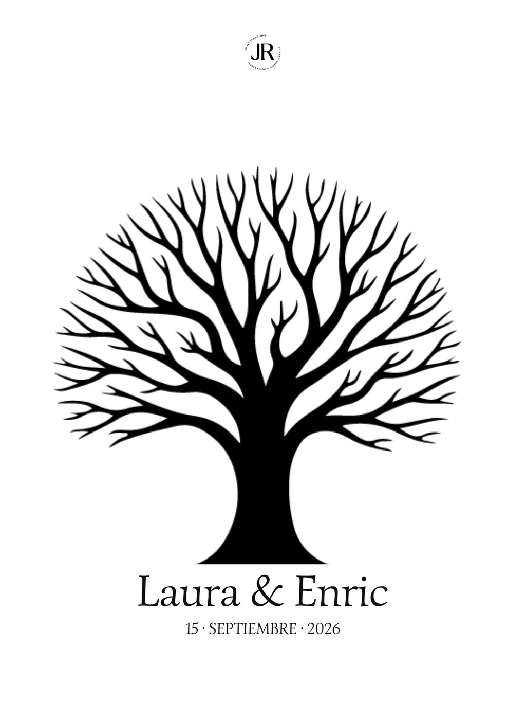 Árbol de huellas frondoso sin silueta de pareja para alternativa a libro de firmas de boda con nombres