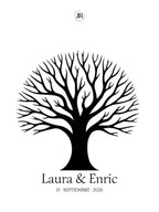 Árbol de huellas frondoso sin silueta de pareja para alternativa a libro de firmas de boda con nombres