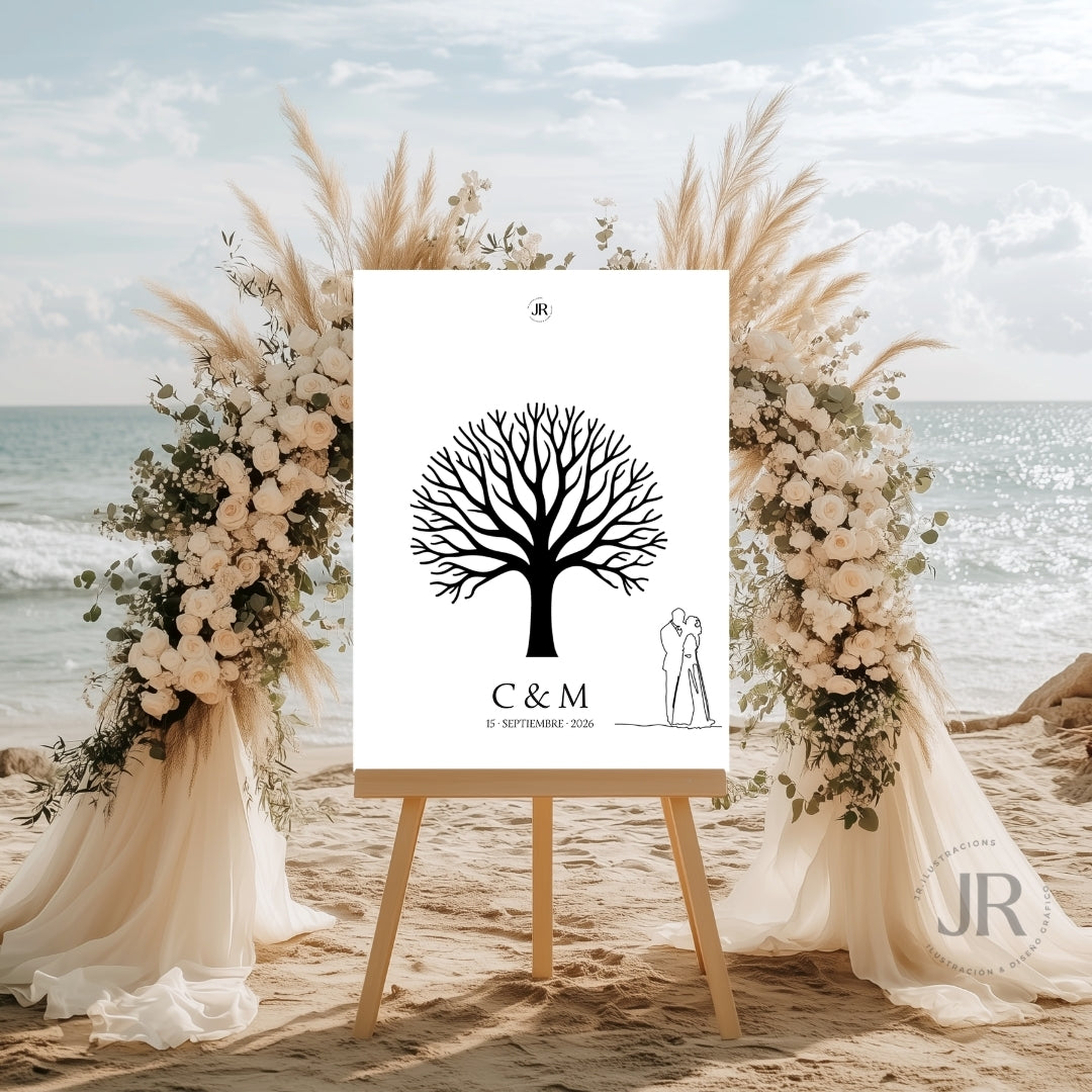 Lámina de árbol de huellas para libro de firmas de boda en atril decorado – Modelo Árbol Estilizado con novios a la derecha