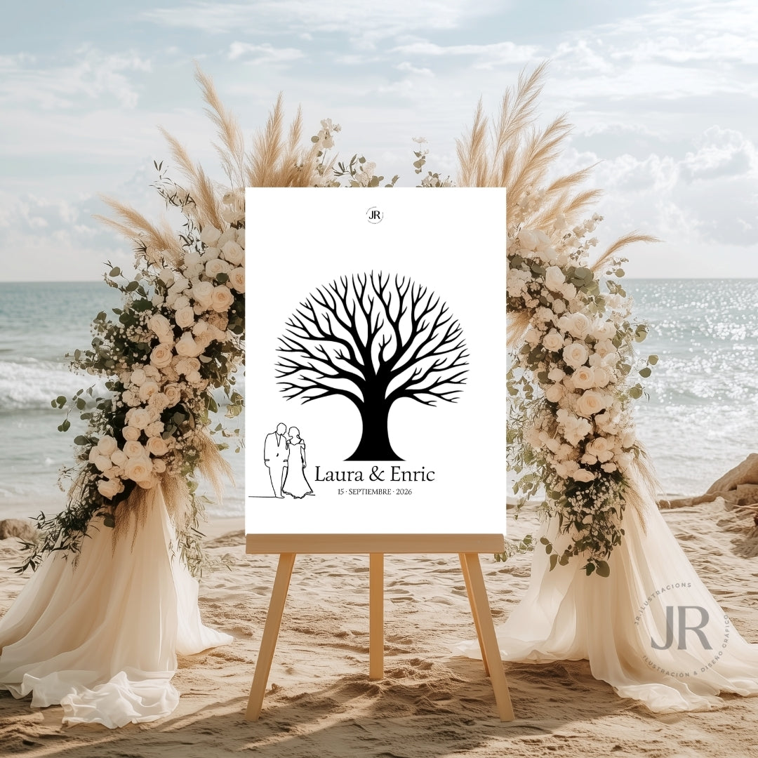 Cartel árbol de huellas personalizado para boda en atril con dibujo lineal de pareja a la izquierda – Modelo Árbol Frondoso