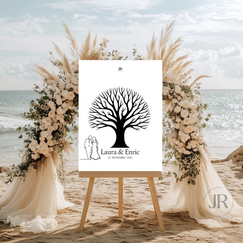 Cartel árbol de huellas personalizado para boda en atril con dibujo lineal de pareja a la izquierda – Modelo Árbol Frondoso