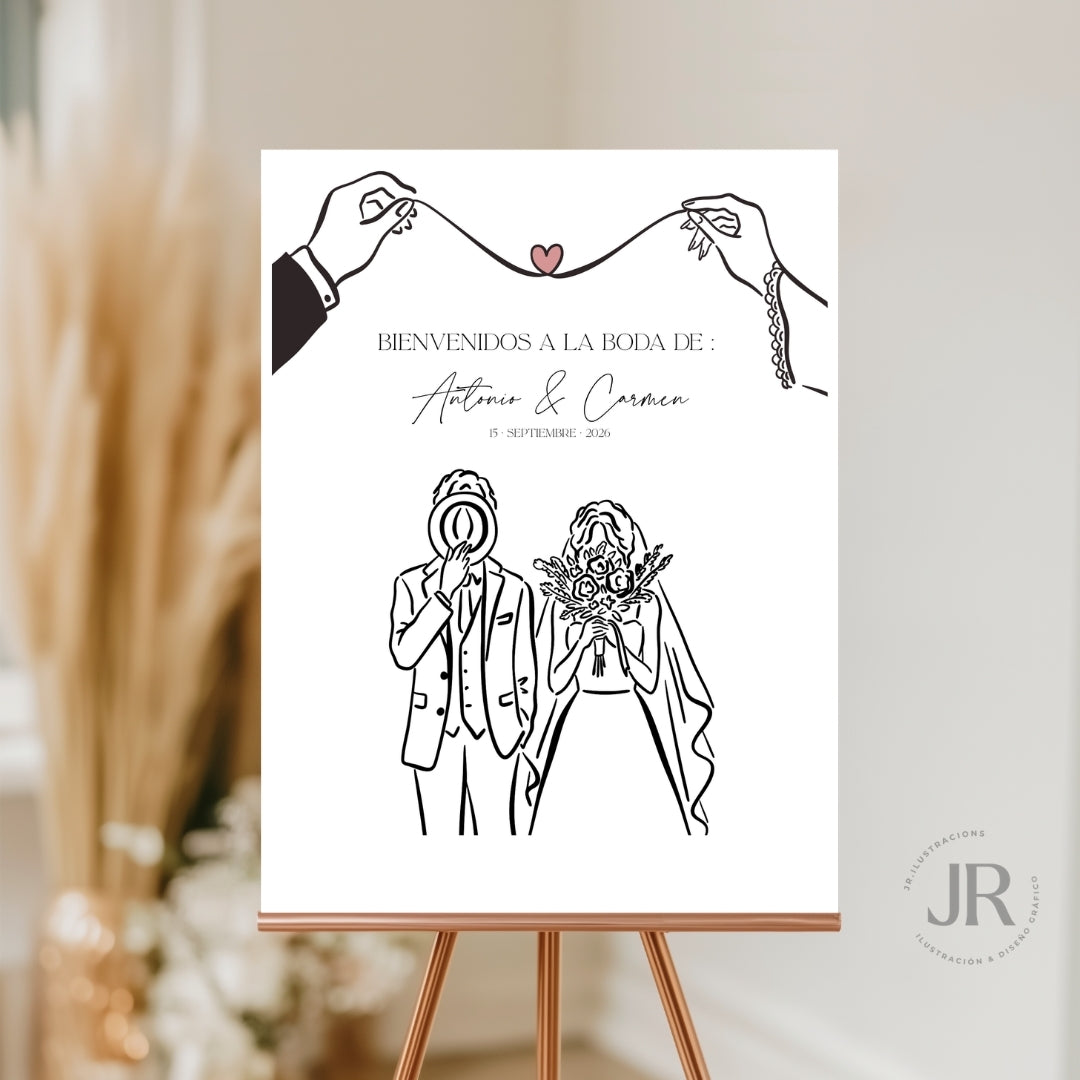 Cartel de bienvenida de boda minimalista con ilustración lineal de manos sujetando un lazo y pareja de novios