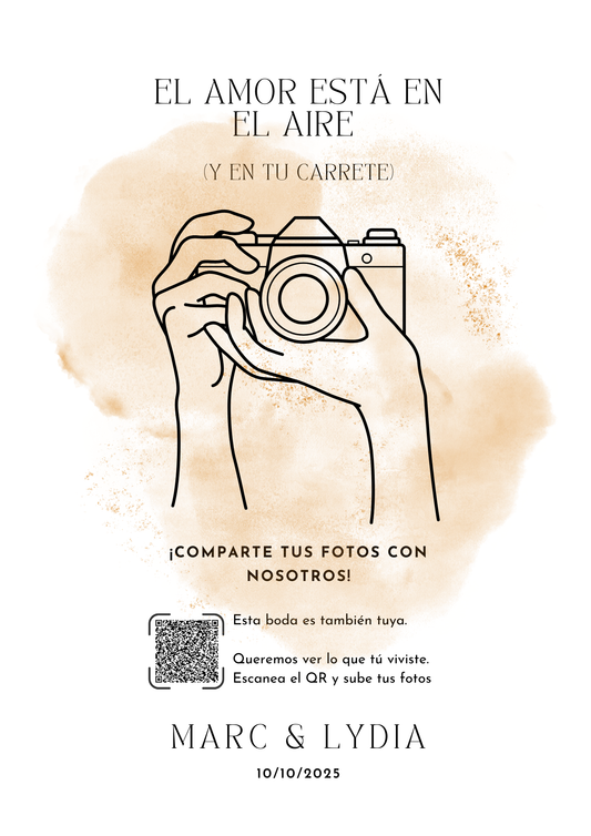 Cartel personalizado para bodas con código QR para que los invitados compartan fotos del evento.