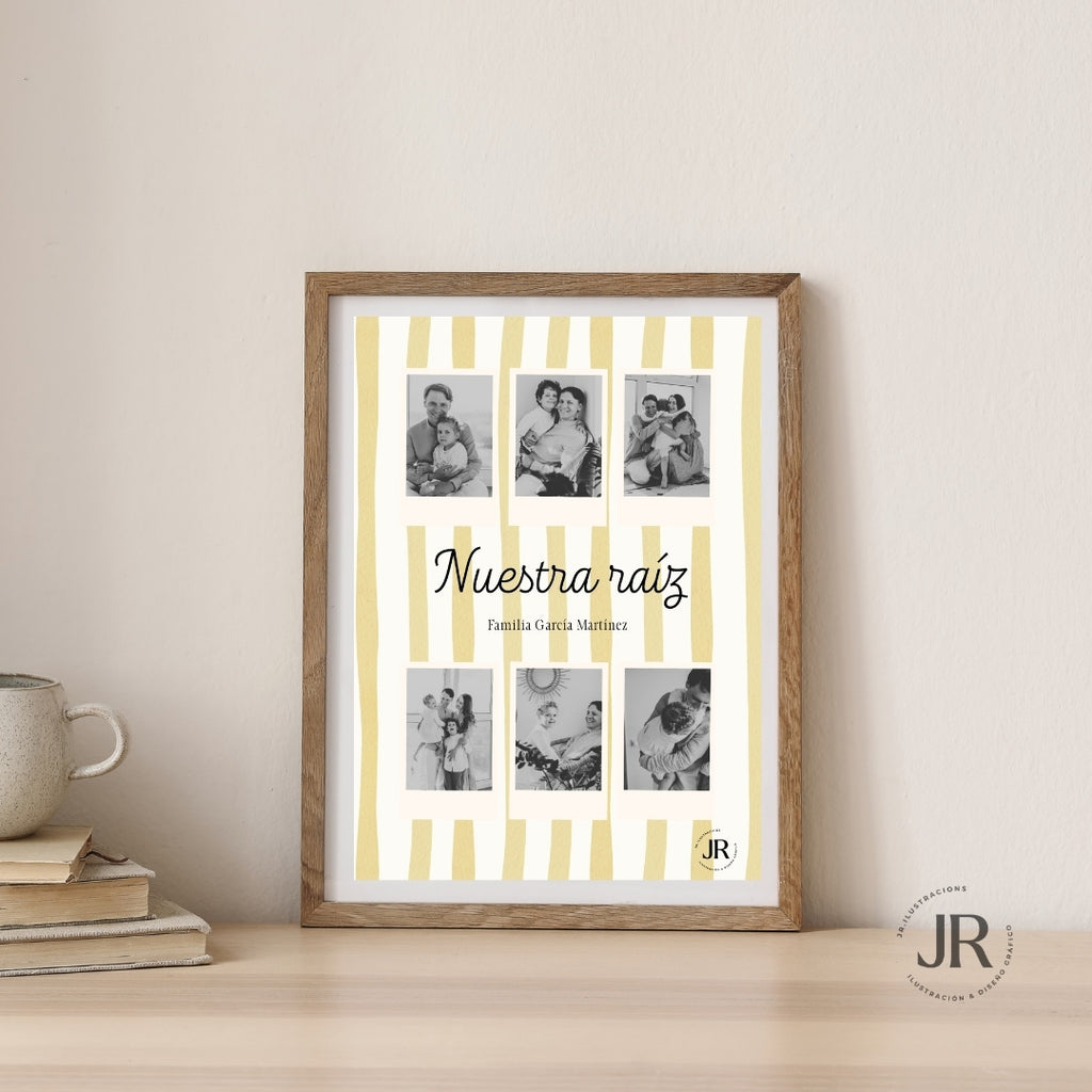 Collage familiar personalizado Nuestra Raíz con seis fotos y apellido enmarcado en madera clara.