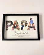 Collage de fotos con la palabra papá en formato físico con marco para decorar el dormitorio o despacho.