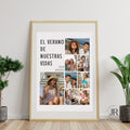 Collage de fotos personalizado El Verano de Nuestras Vidas enmarcado en madera clara apoyado en el suelo.