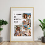 Collage de fotos personalizado El Verano de Nuestras Vidas enmarcado en madera clara apoyado en el suelo.