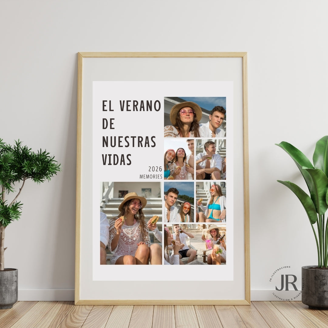 Collage de fotos personalizado El Verano de Nuestras Vidas enmarcado en madera clara apoyado en el suelo.