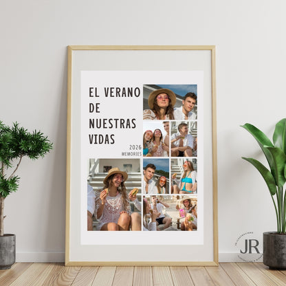 Collage de fotos personalizado El Verano de Nuestras Vidas enmarcado en madera clara apoyado en el suelo.