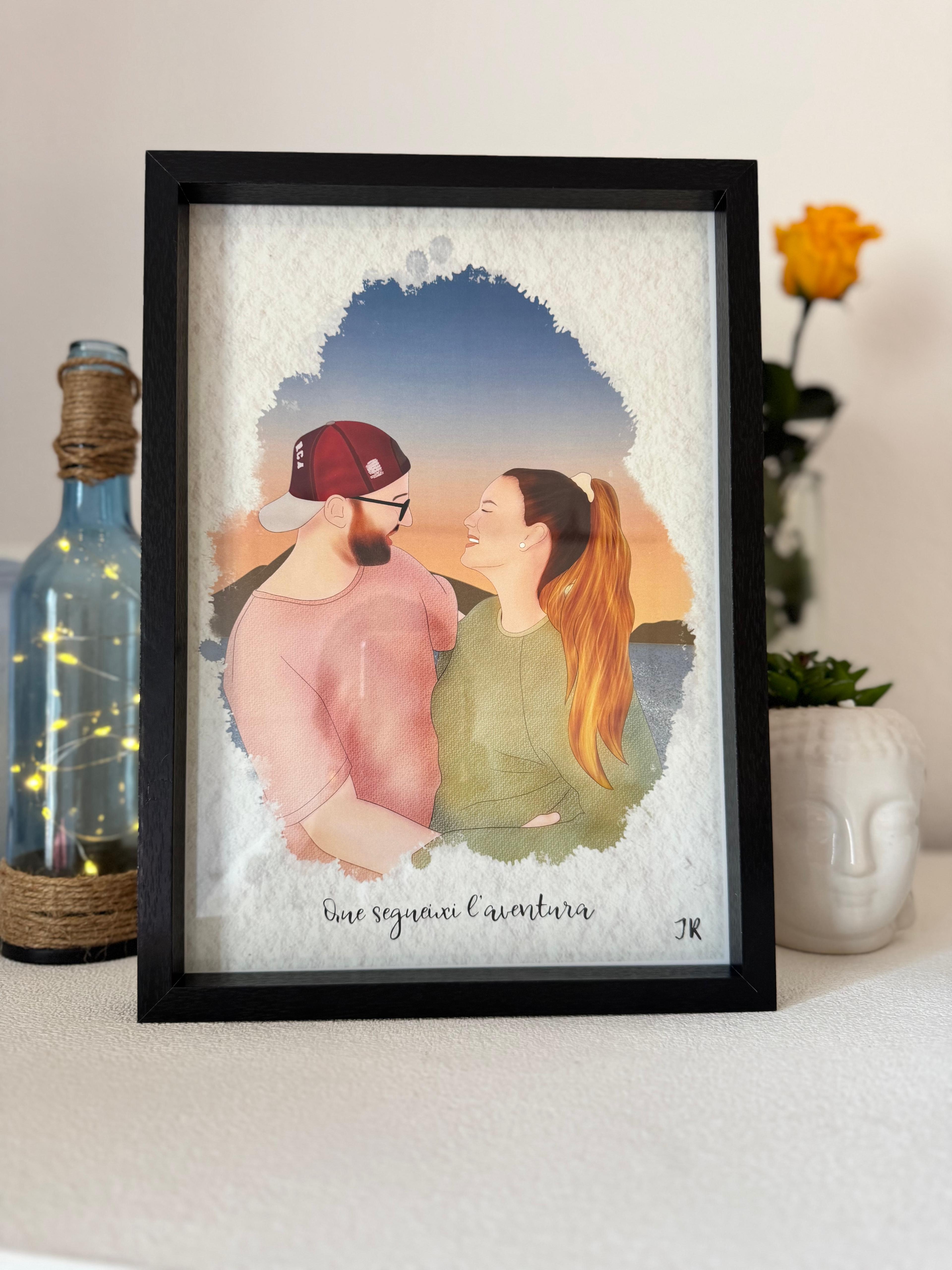 Cuadro de amor personalizado estilo minimalista con ilustración de pareja sobre fondo de flores.
