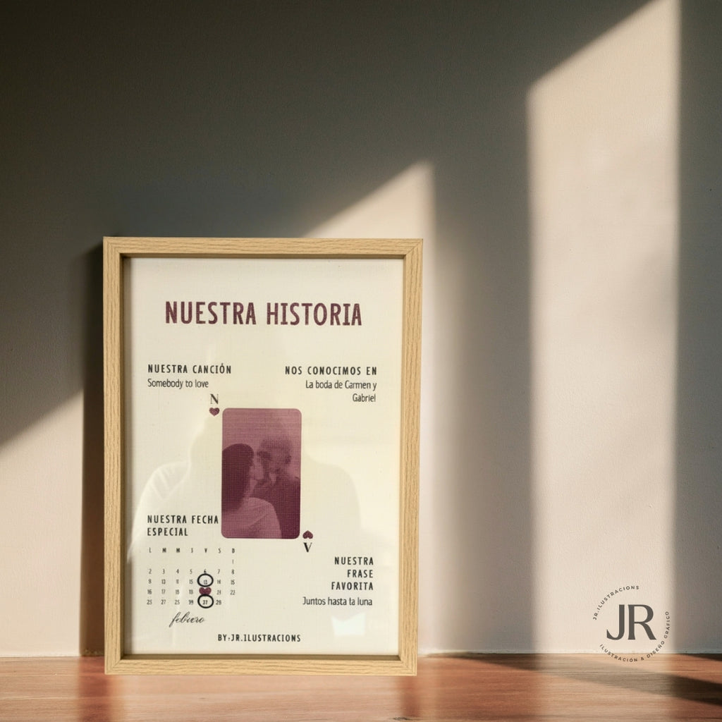 Cuadro con diseño biográfico de pareja Nuestra Historia enmarcado en madera clara natural de JR.Ilustracions.