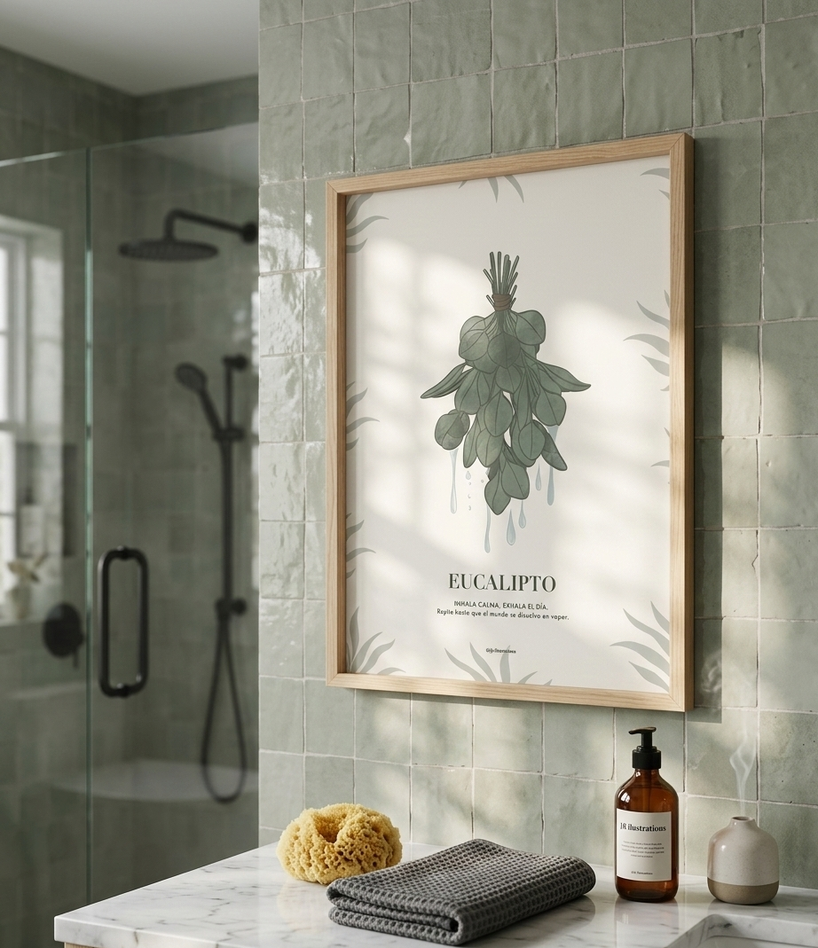 Cuadro botánico de eucalipto con marco de madera clara en pared de baño con azulejos verde salvia.