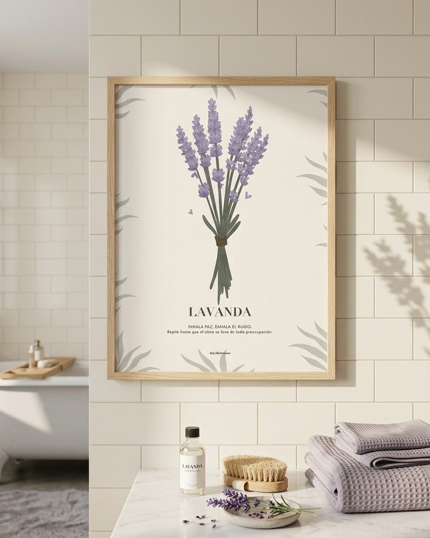 Cuadro botánico de lavanda con marco de madera clara en un baño luminoso de estilo provenzal.
