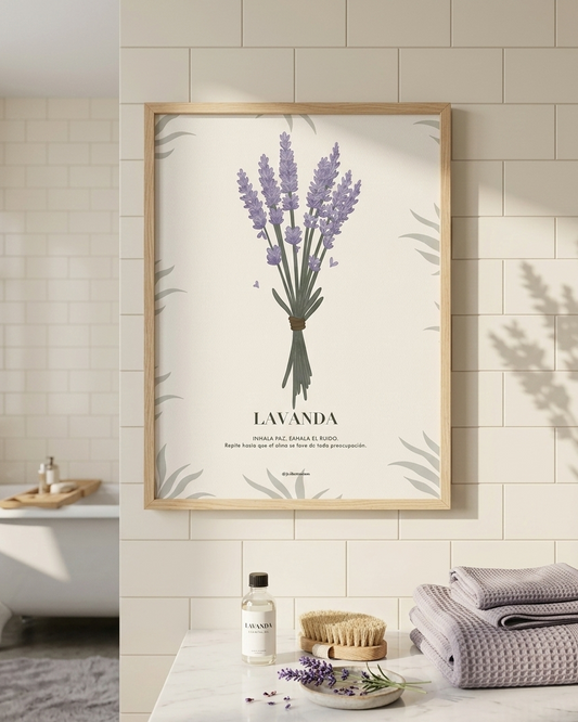 Cuadro botánico de lavanda con marco de madera clara en un baño luminoso de estilo provenzal.