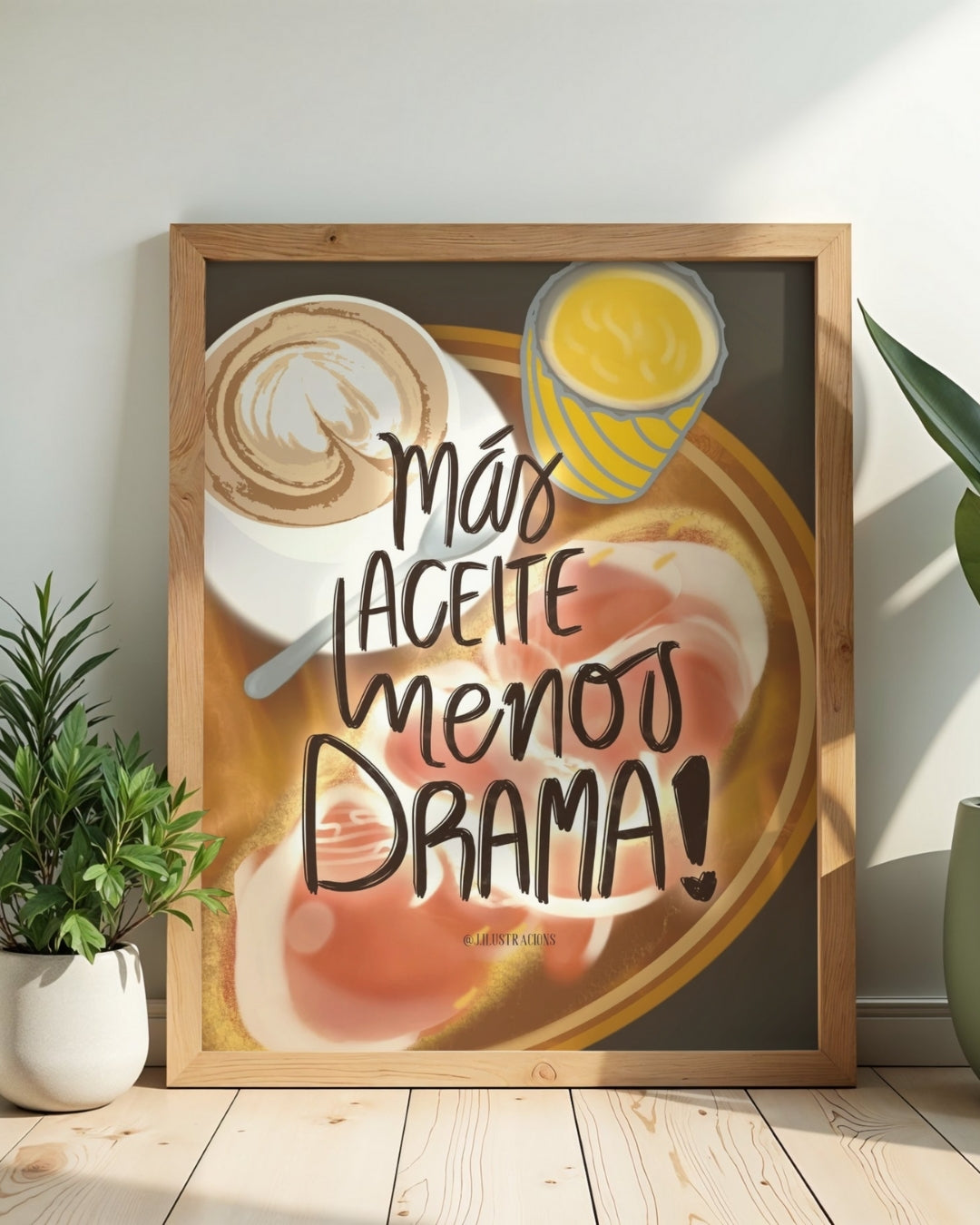 Cuadro con frase divertida sobre cocina enmarcado en madera clara natural de JR.Ilustracions.