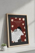 Cuadro conmemorativo de mascota con marco de madera clara e ilustración de chica abrazando a su perro fallecido.