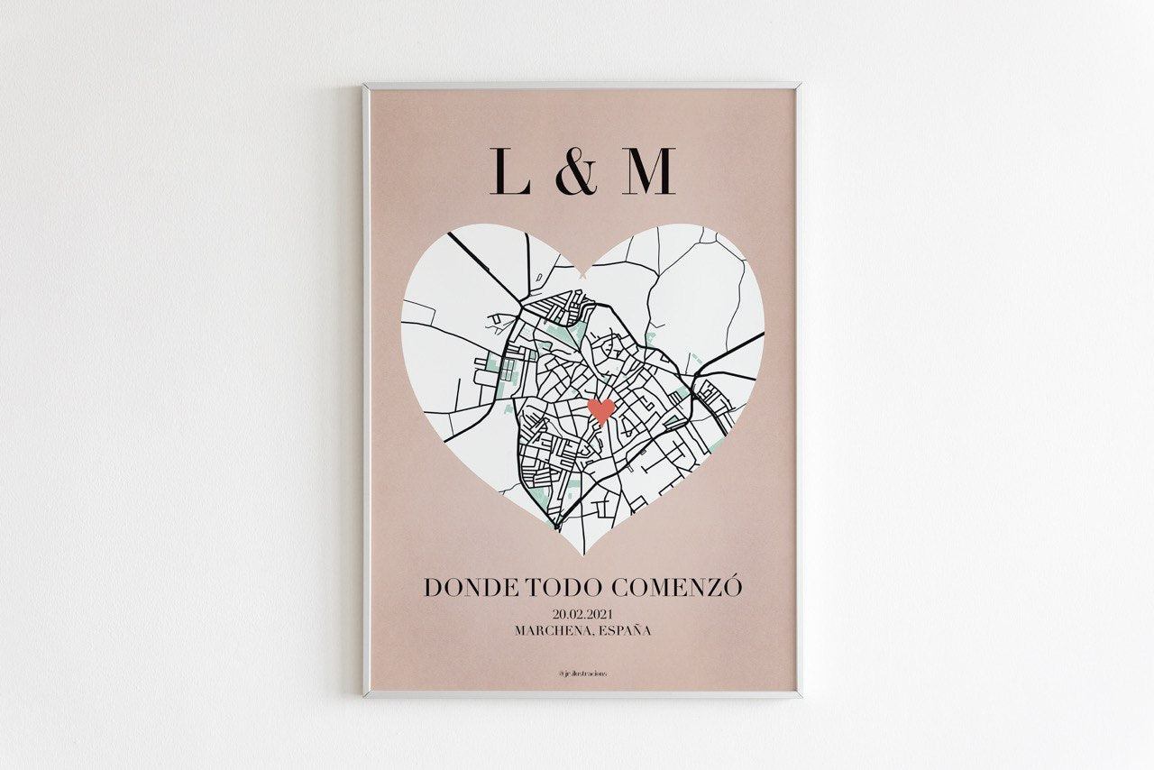 Cuadro decorativo personalizado con mapa en formato corazón ideal para bodas de papel.