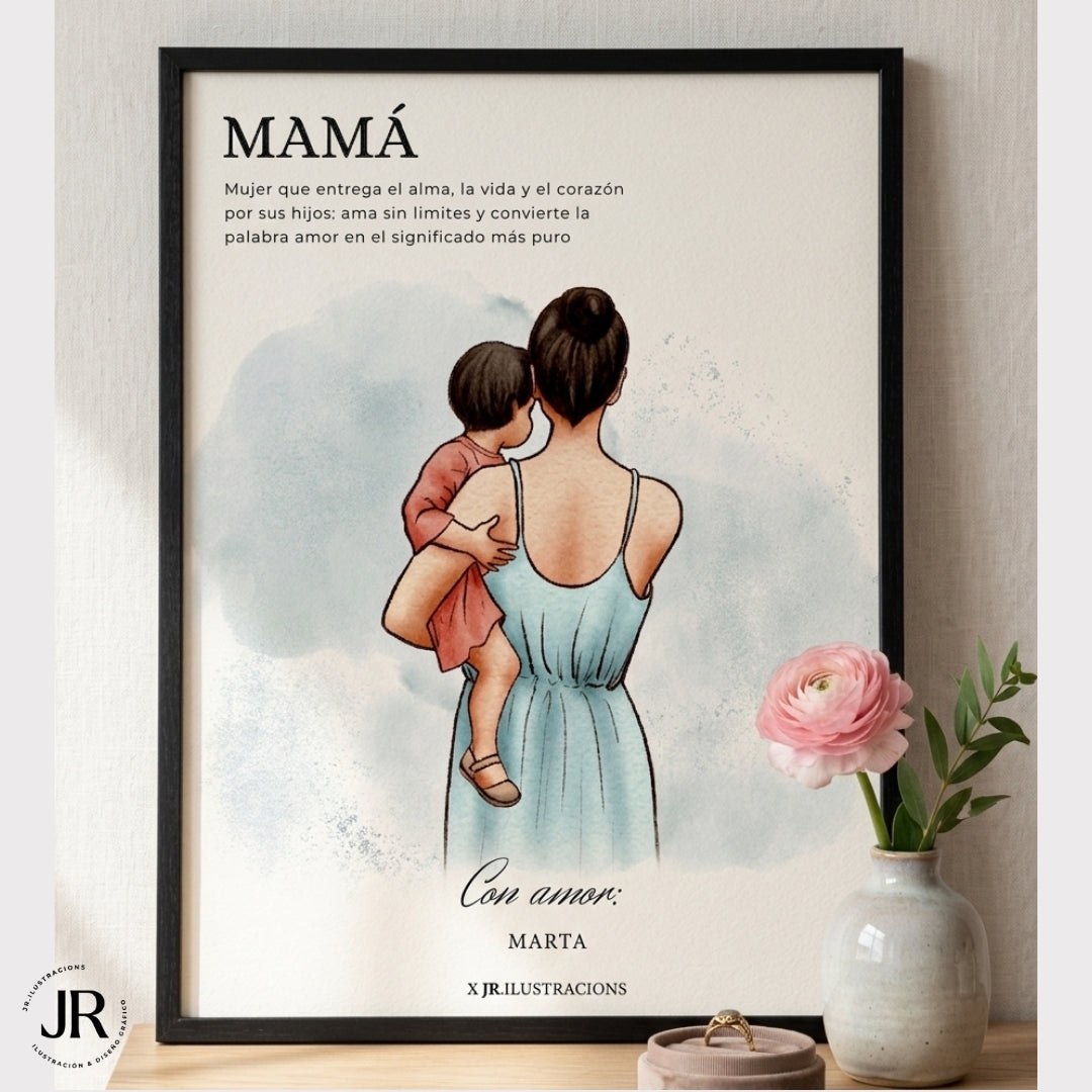 Cuadro para el Día de la Madre ilustrado con marco negro moderno colgado en la pared de un salón.