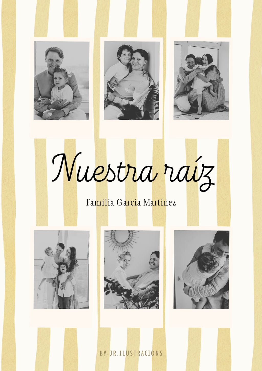 Cuadro personalizado con fotos de familia y apellido con marco negro moderno para decorar el salón.