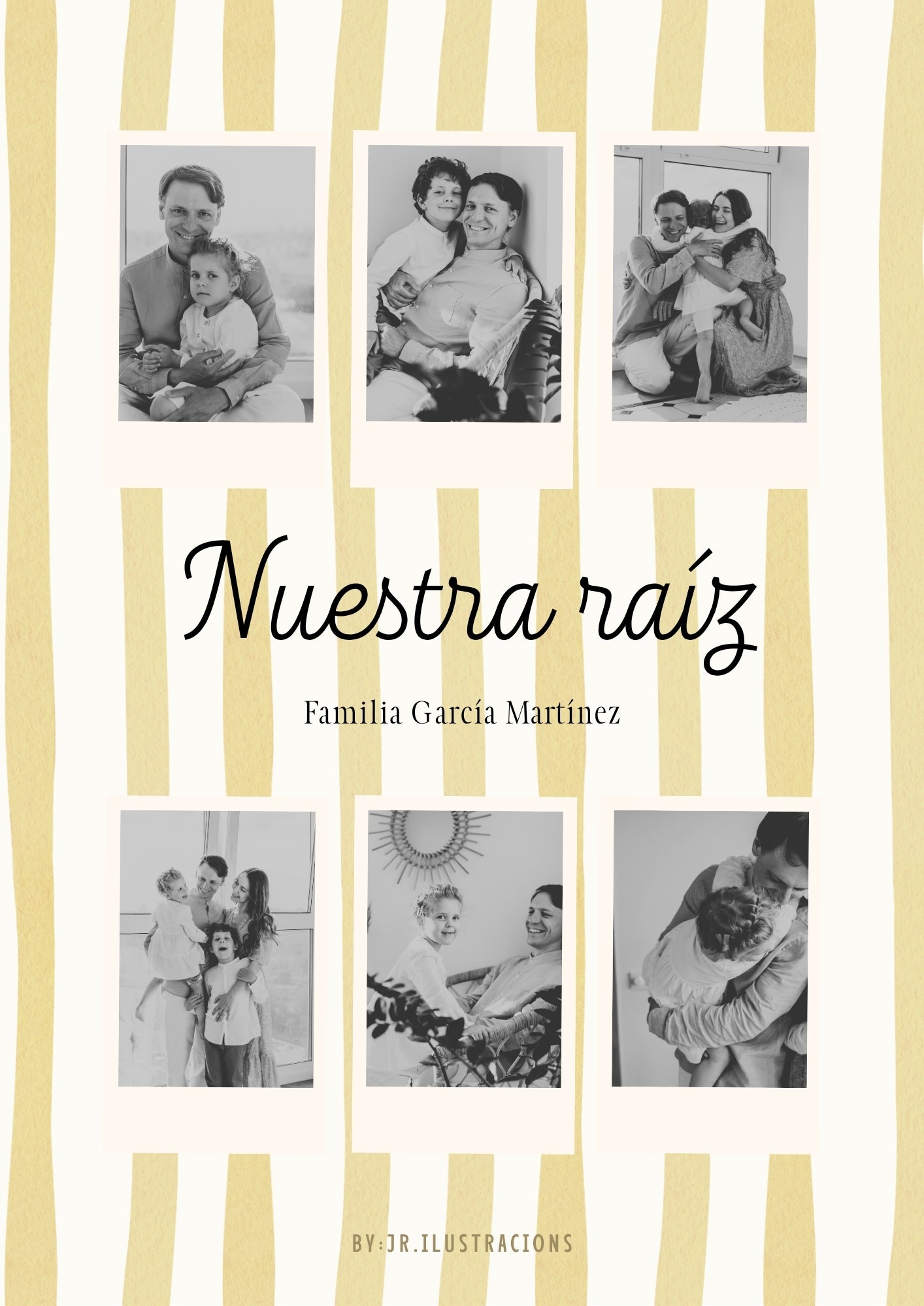 Cuadro personalizado con fotos de familia y apellido con marco negro moderno para decorar el salón.