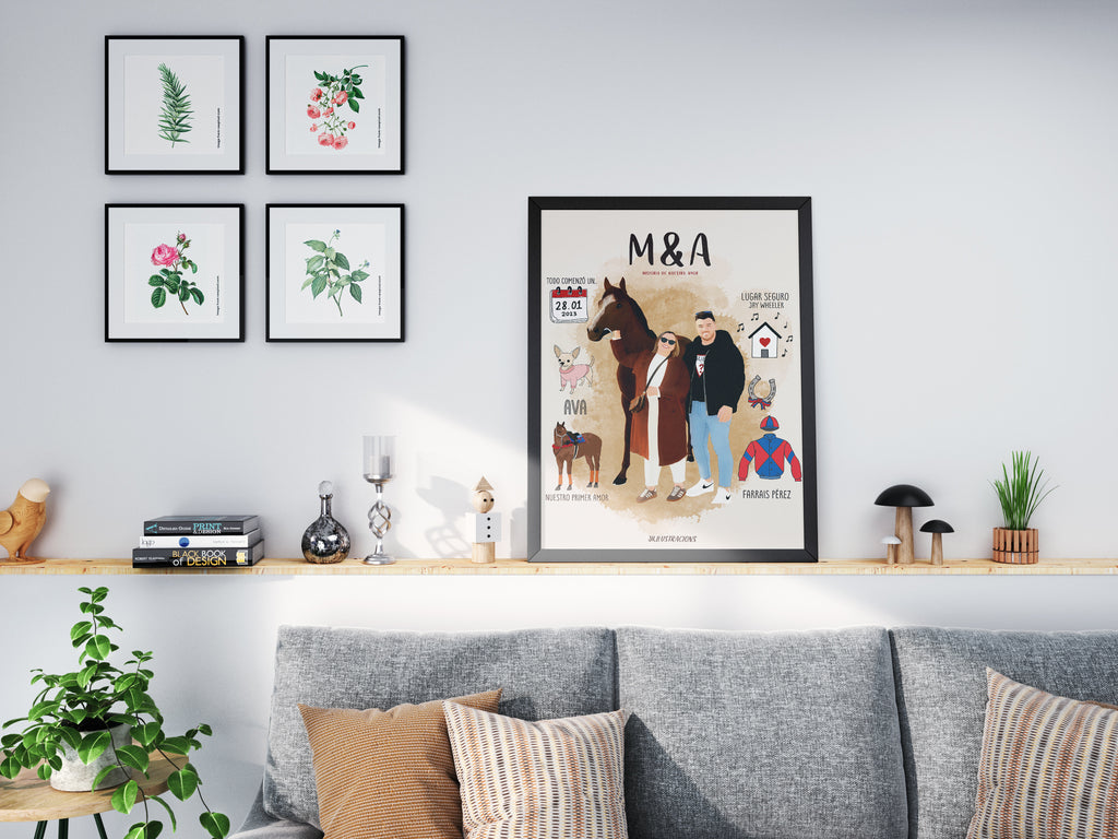 Cuadro personalizado con la historia de amor e infografía ilustrada de pareja para decorar el salón.
