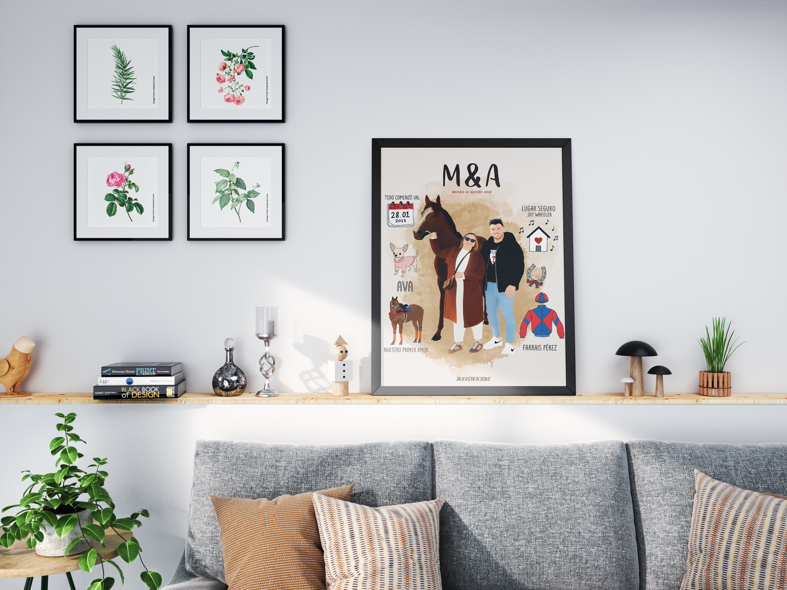 Cuadro personalizado con la historia de amor e infografía ilustrada de pareja para decorar el salón.