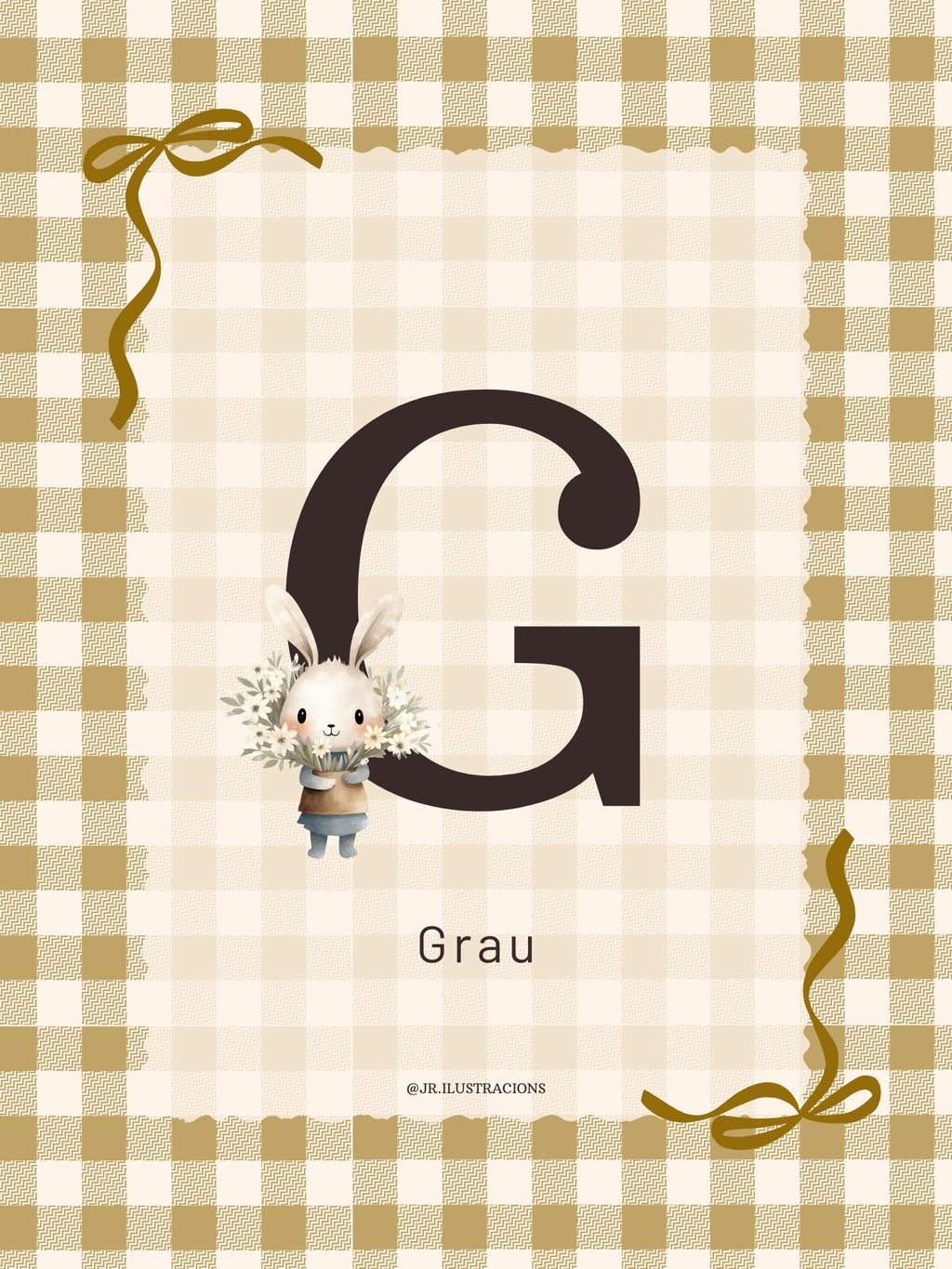 Cuadro infantil con inicial G de Grau con motivo de conejito y fondo de cuadros amarillos.