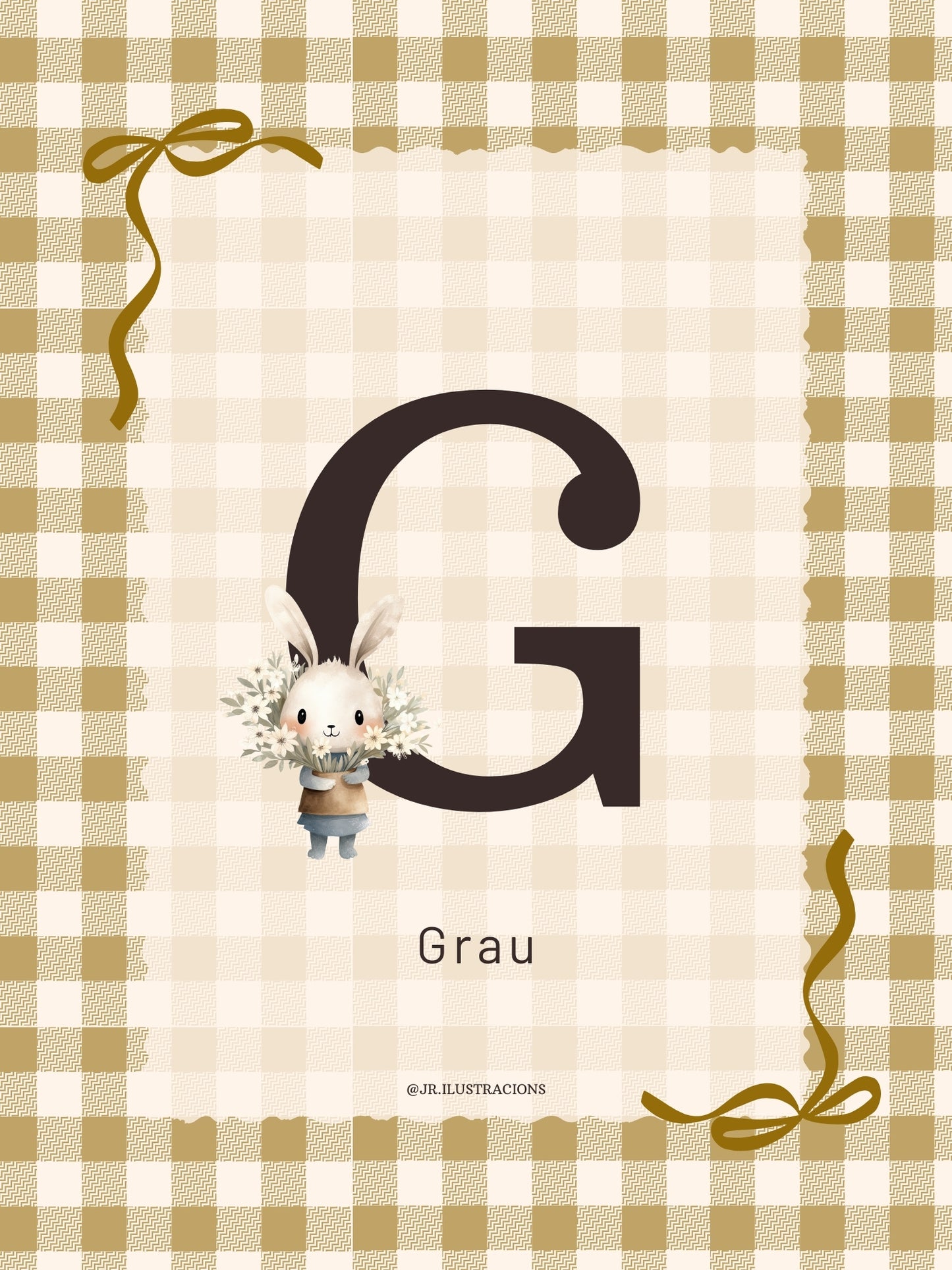 Cuadro infantil con inicial G de Grau con motivo de conejito y fondo de cuadros amarillos.