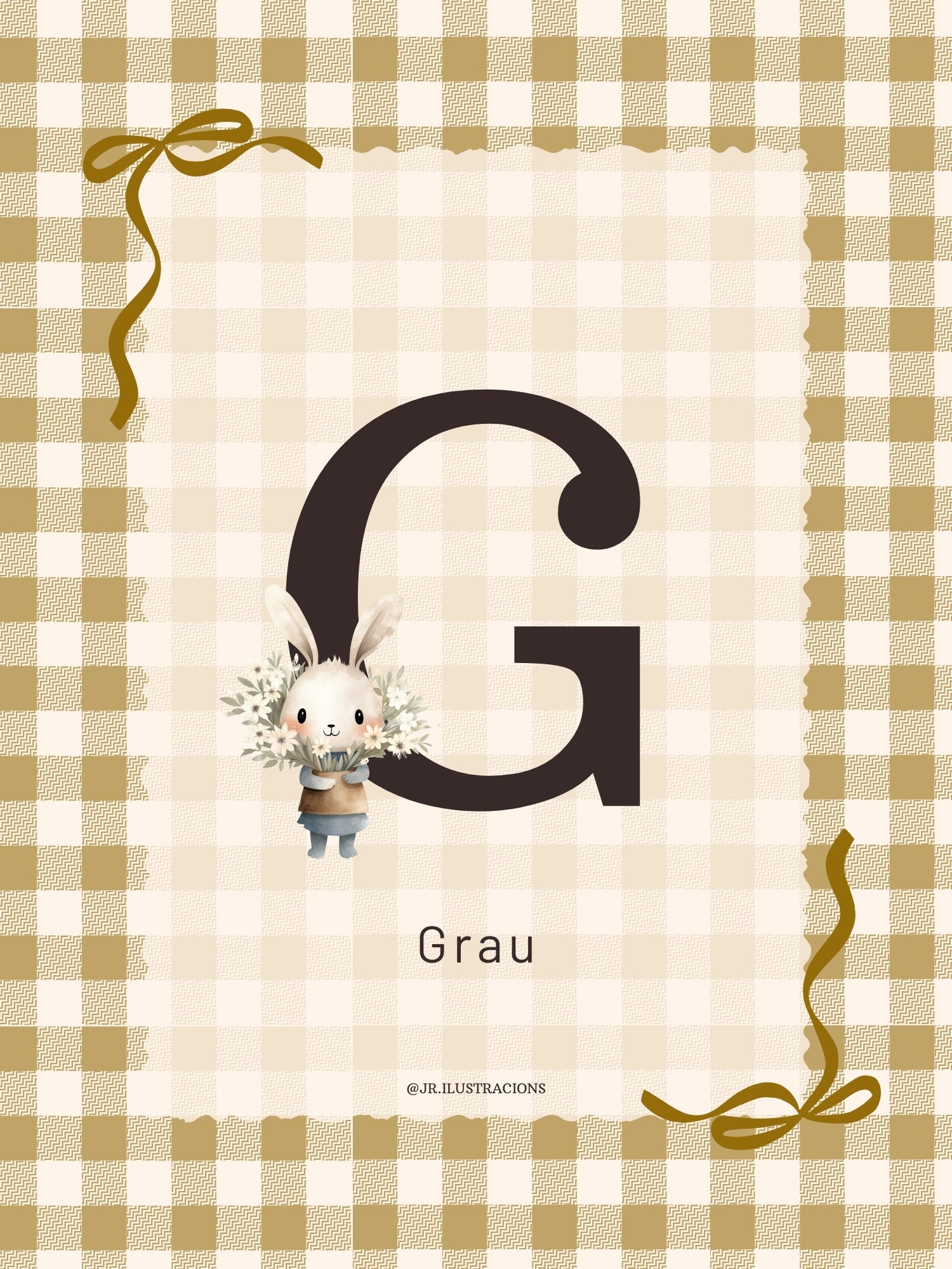 Cuadro infantil con inicial G de Grau con motivo de conejito y fondo de cuadros amarillos.