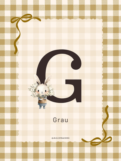 Cuadro infantil con inicial G de Grau con motivo de conejito y fondo de cuadros amarillos.