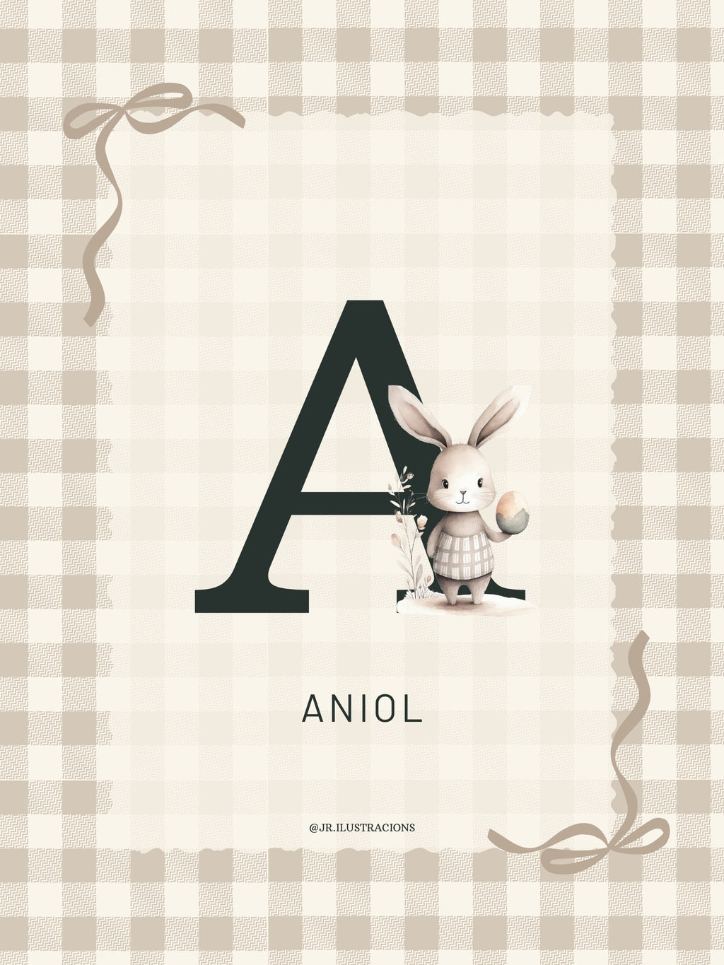 Cuadro de inicial para dormitorio de bebé con la letra A de Aniol y diseño nórdico minimalista.