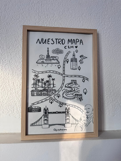 Cuadro de mapa personalizado con ilustraciones de la historia de amor de una pareja enmarcado en madera clara.