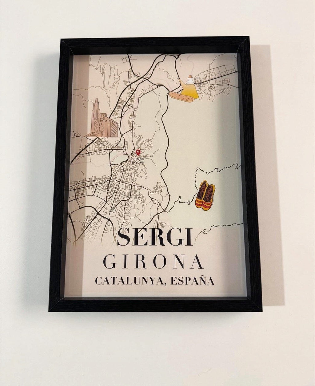 Cuadro de mapa urbano personalizado con nombres y pines de localización de JR.Ilustracions.
