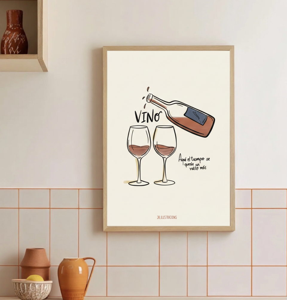 Cuadro minimalista de vino con marco de madera clara colgado sobre azulejos rosa pastel de cocina o salón.