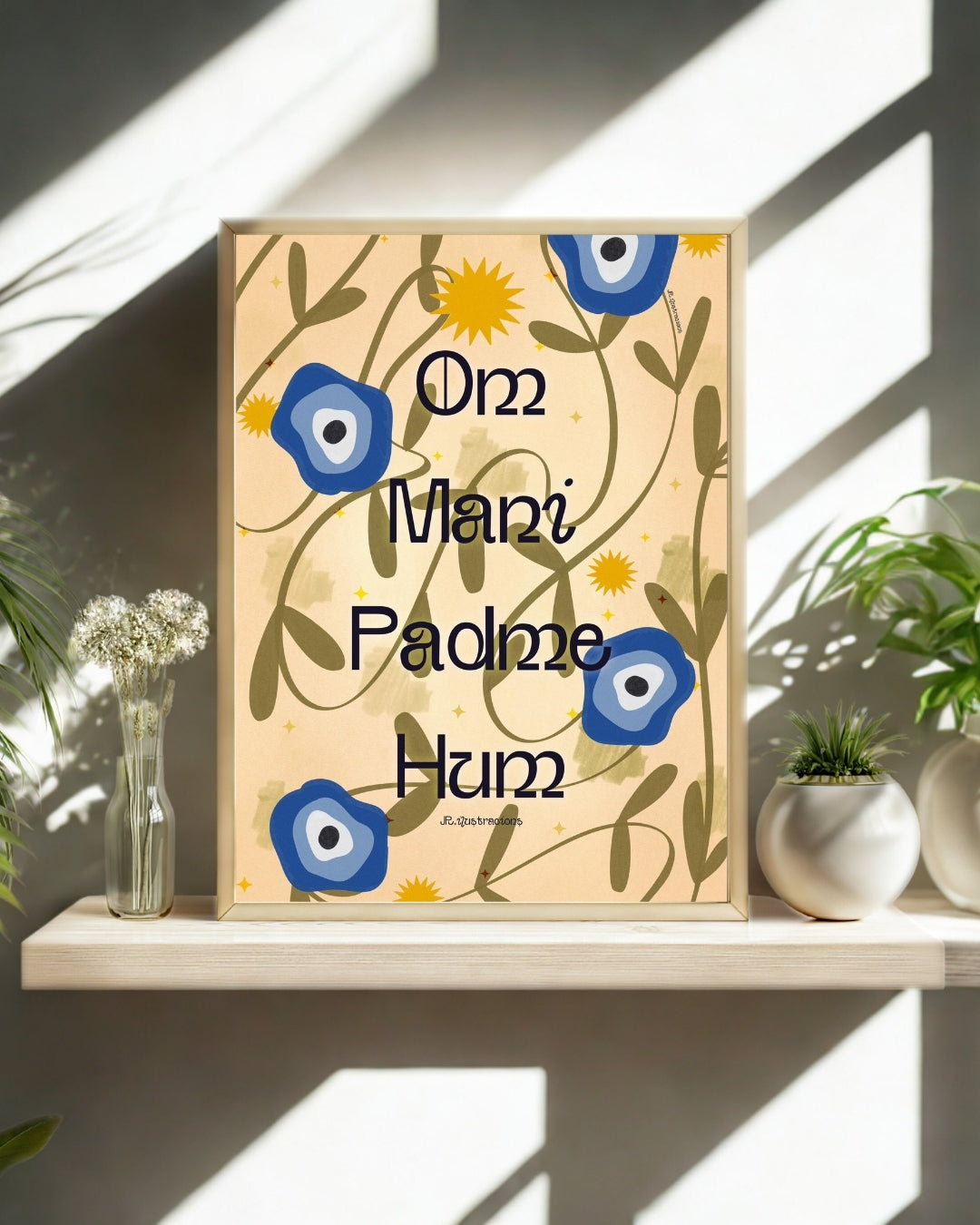 Cuadro místico de estilo botánico y zen en tonos azules y amarillos de JR.Ilustracions.
