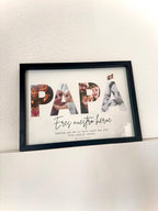 Cuadro moderno con la palabra papá rellena de recuerdos especiales y dedicatoria inferior.