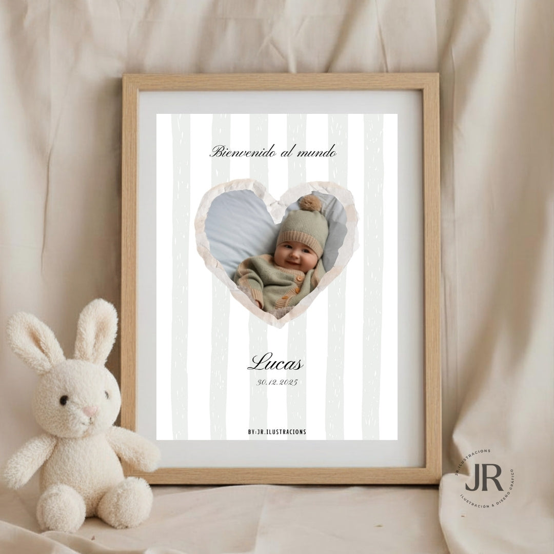 Cuadro de nacimiento personalizado Bienvenida al mundo con marco de madera clara y peluche de conejo.