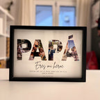 Cuadro con nombres y fotos dentro de las letras ideal como detalle de cumpleaños para padres.
