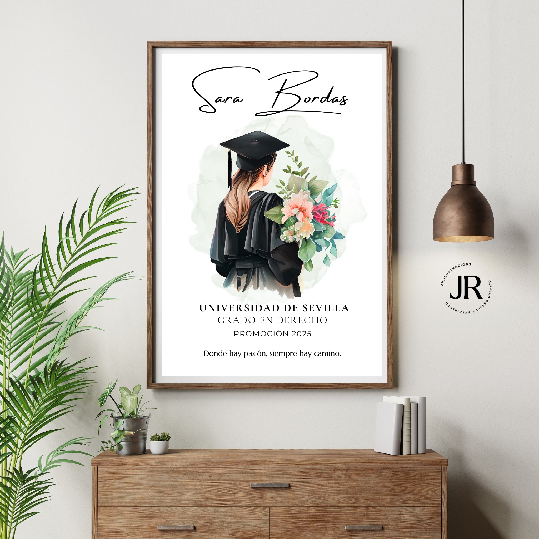 Cuadro con orla personalizada de promoción de JR.Ilustracions en estante blanco decorativo.