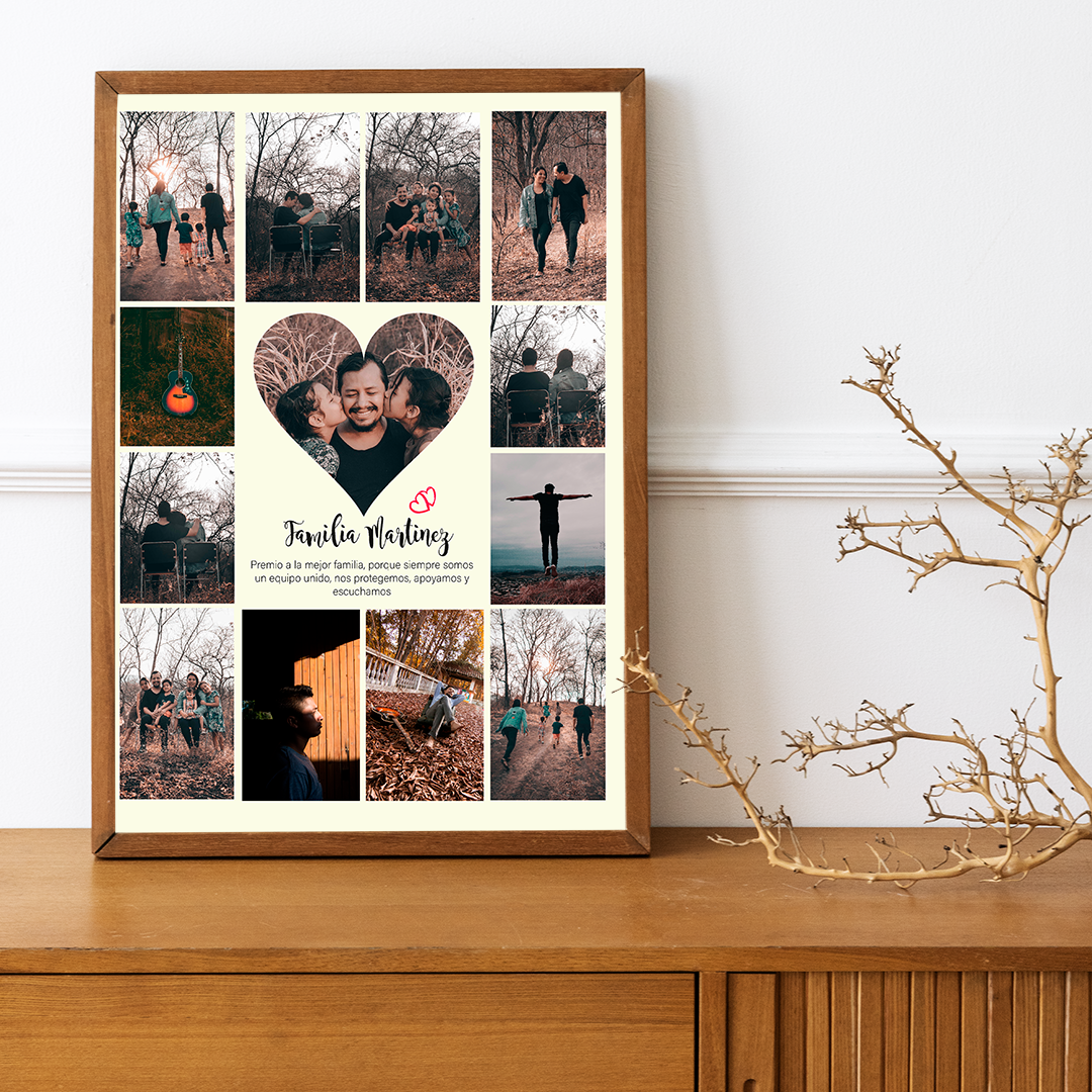 Cuadro personalizado de aniversario con collage de fotos en forma de corazón y marco de madera clara.