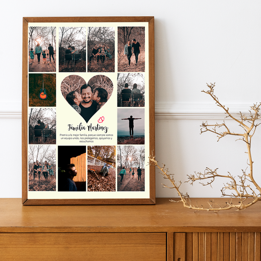 Cuadro personalizado de aniversario con collage de fotos en forma de corazón y marco de madera clara.