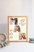 Cuadro personalizado de nacimiento con collage de fotos en letras del nombre del bebé y marco de madera clara.